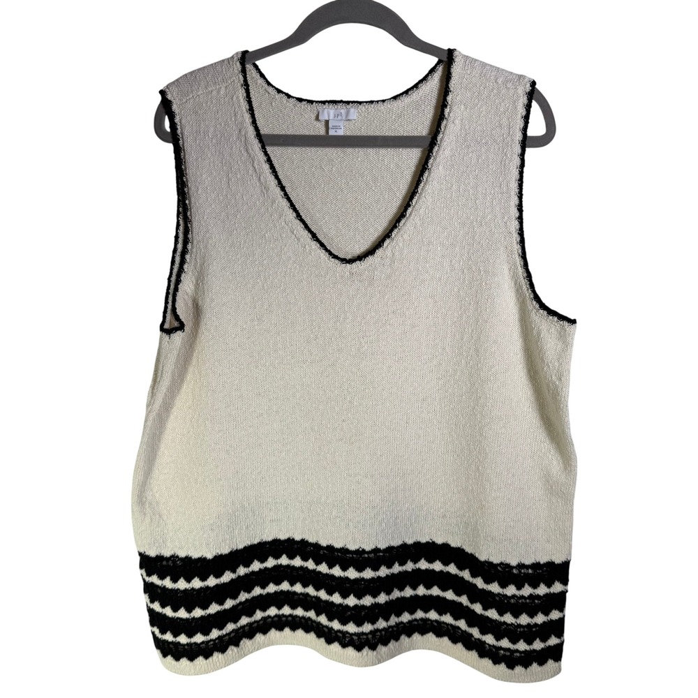 J. Jill Womens XL Cream Black Scalloped Chevron Cotton Knit V-Neck Sweater Vest